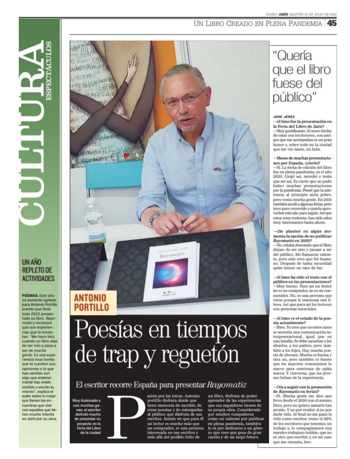 Portada Diario Jaén entrevista al poeta Antonio Portillo Casado hoy 19 de julio de 2022.