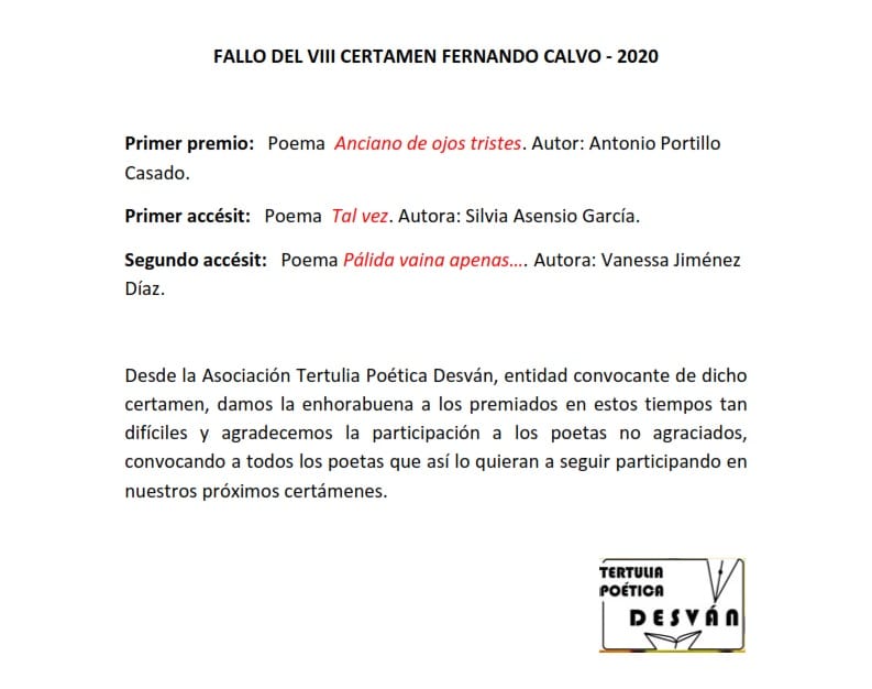 Documento comunicado Fallo premio Fernando Calvo de poesía