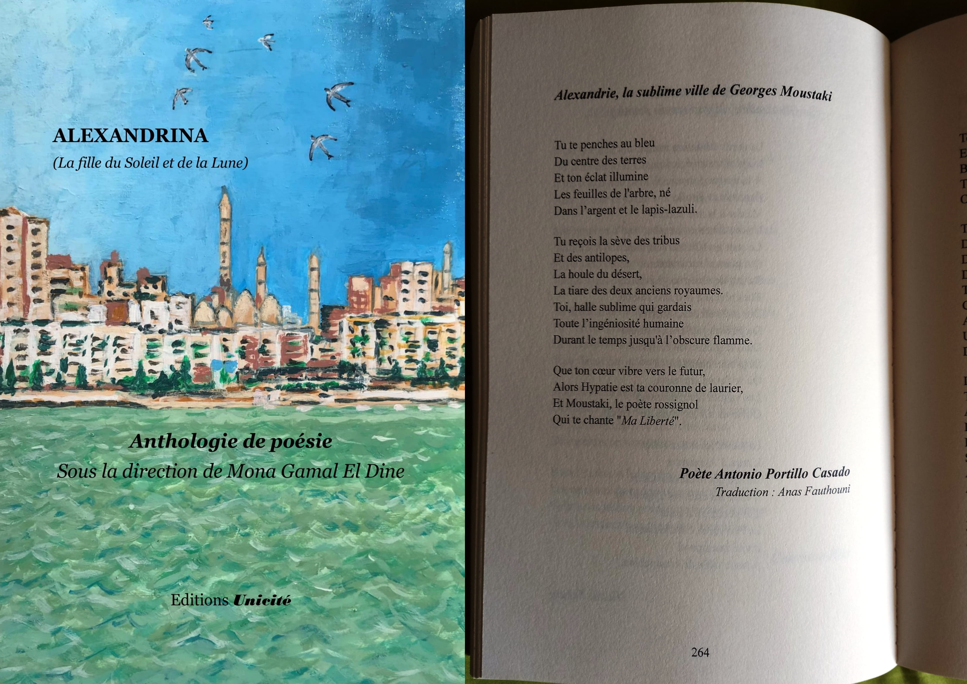 Portada Alexandrie, la sublime ville de Georges Moustaki. Poema de Antonio Portillo Casado en francés (Antología Poética Alexandrina). 